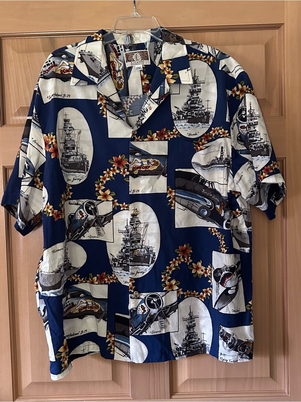 Vintage Kalaheo Hawaiian Shirt 2XL Blue WWII Military Warships Fighter Planes